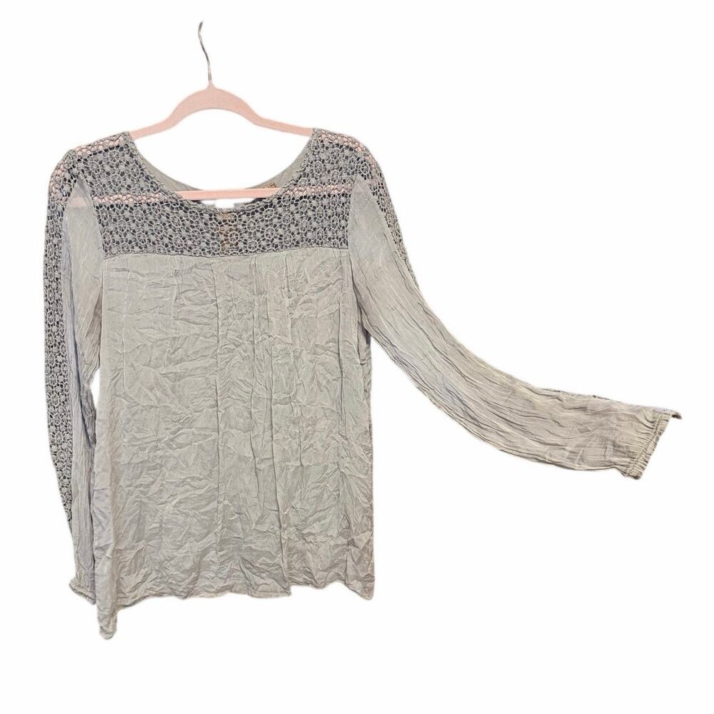 Carla Conti tan 100% silk blouse long sleeve crochet trim large boho Italy made